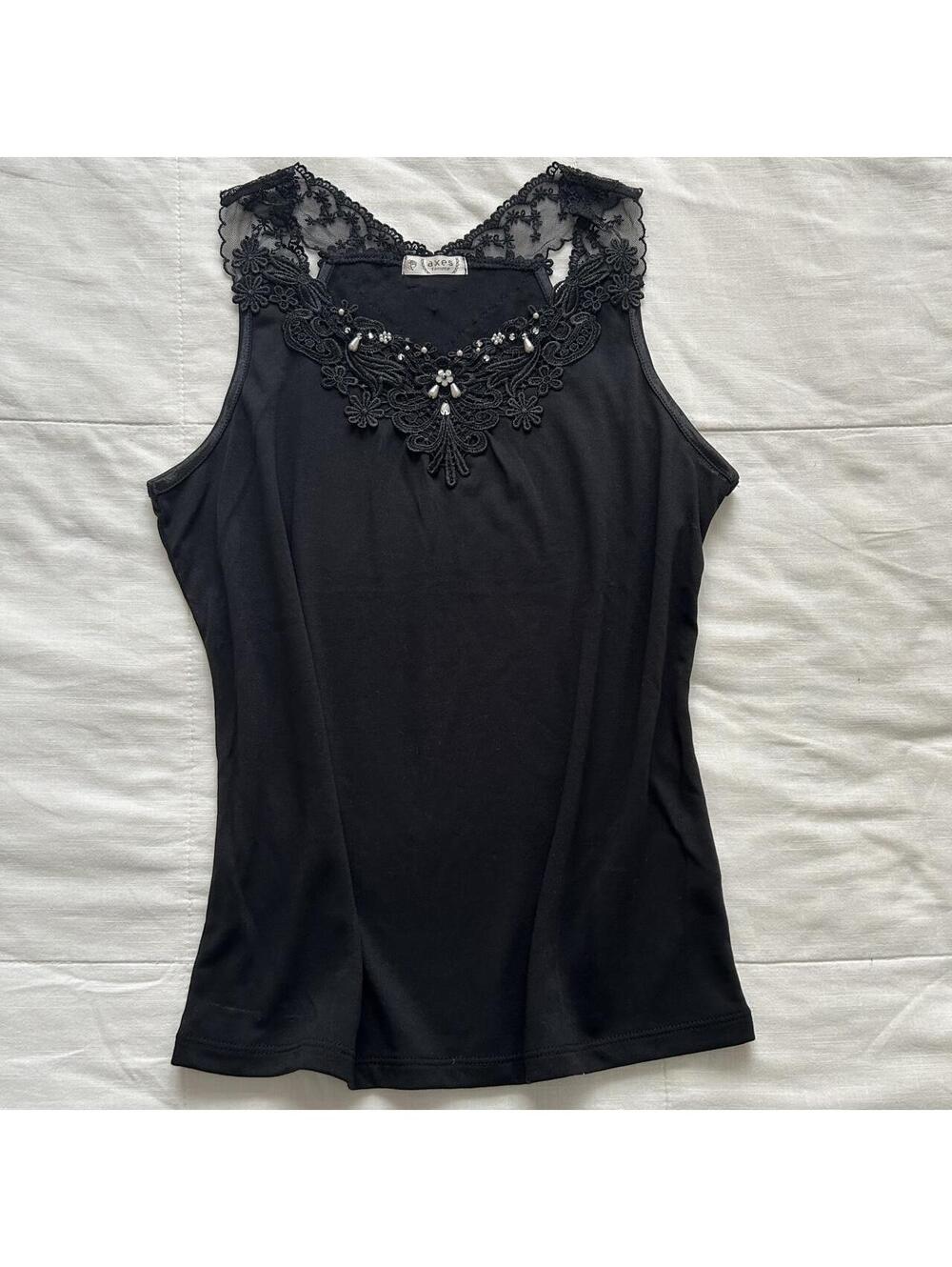 Axes Femme Black Sleeveless Top Embroidered Lace Pearl Floral Medium